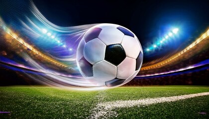 Naklejka premium Dynamischer Fußball mit Schweif, unscharfer Stadionhintergrund