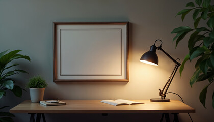 Cozy Workspace with Desk Lamp and Frame