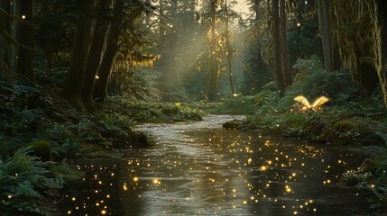 Obraz premium Enchanted Forest River: A Magical Night in Nature