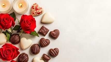 Romantic Arrangement of Roses and Heart-Shaped Chocolates on Surface, Generative AI.