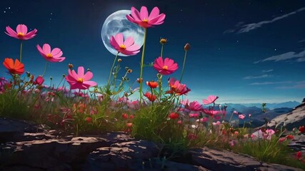 Cosmos flowers grow on floating chunks of earth suspended in the sky, with the full moon hanging close, almost touchable, 2D flat anime style illustration, 4k landscape animation video