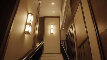 Fototapeta premium A well-lit staircase leading to a minimalist interior space.