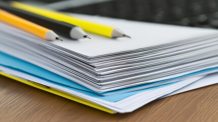 Stack of Papers and Pens on Wooden Desk