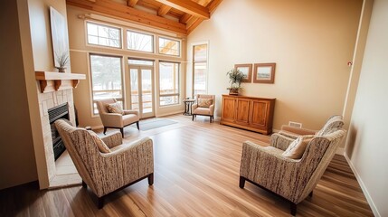 Empty retirement home common area with unoccupied chairs and quiet surroundings, reflecting solitude and the passage of time in aging communities.