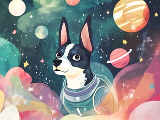Illustration of dog in space with colourful planets modern style 
