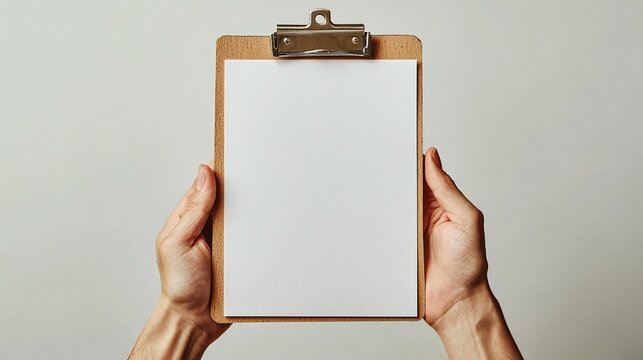 Hands holding clipboard with blank paper on gray background.