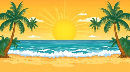 Fototapeta premium Tropical beach sunset scene with palm trees and gentle waves