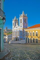 Historic district of Salvador de Bahia with colorful colonial buildings and a historic church