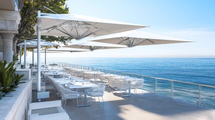 Obraz premium Oceanfront Restaurant Terrace, Sunny Day, Mediterranean