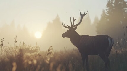 Naklejka premium Majestic Elk at Sunrise in Misty Forest