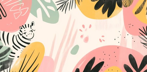 Naklejka premium Modern nursery design featuring isolated, cute elements of safari animals and vegetation on a white background for baby kids