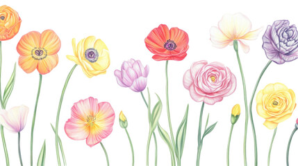 Fototapeta premium Colorful spring flowers pencil drawing on transparent background