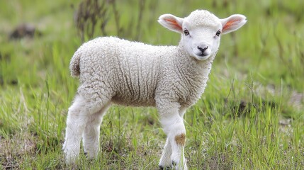Obraz premium Adorable Fluffy Lamb in Lush Green Meadow: A Springtime Delight