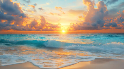 Fototapeta premium Breathtaking Sunrise Over Cancun Beach with Golden Skies