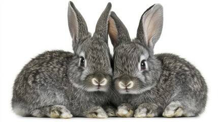 Obraz premium Two cute rabbits, with white and gray fur, stand against a transparent and white background. Crafted by AI