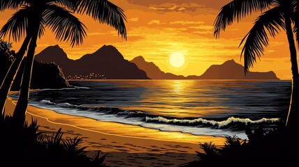 Obraz premium Tropical Sunset Over Silhouetted Palms and Coastal Mountains