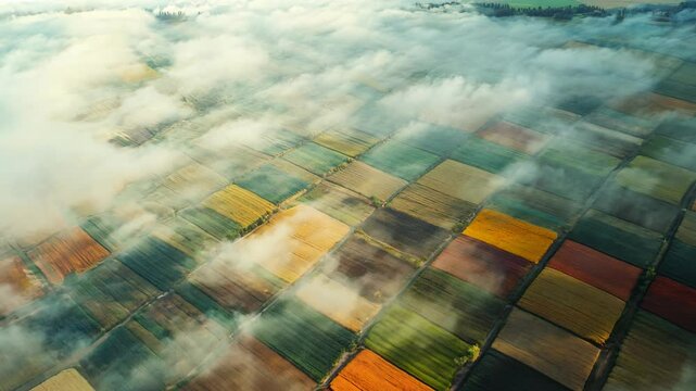 Aerial view of a vast agricultural field covered in morning mist, with patches of crops emerging from the fog, creating a patchwork of colors