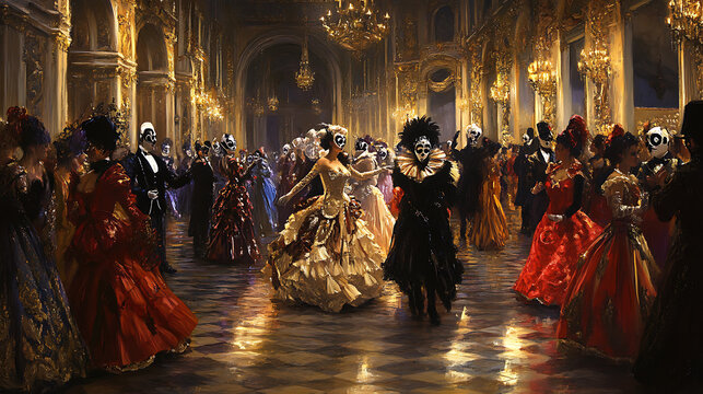  A masquerade ball in a grand ballroom, attendees dressed in elegant costumes and intricate masks2
