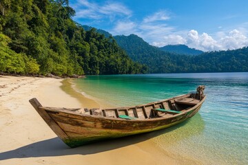 Obraz premium A serene scene of a longtail boat anchored on the white sandy beach of Ao Nang, surrounded by clear blue waters