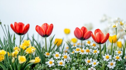 Fototapeta premium Vibrant Spring Meadow: A Symphony of Tulips and Daisies
