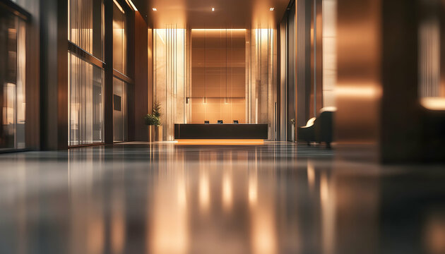 Blurred interior of a luxury hotel or office lobby with a spacious reception area and sleek glass walls, exuding modern sophistication AI Generated