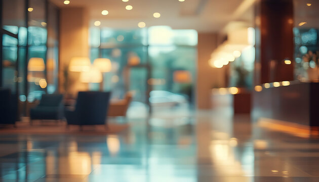 Blurred interior of a luxury hotel or office lobby with a spacious reception area and sleek glass walls, exuding modern sophistication AI Generated