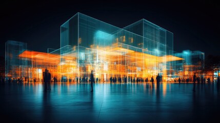 A futuristic cityscape at night with glowing orange and blue wireframe buildings and silhouettes of people. Ideal for technology or real estate projects.