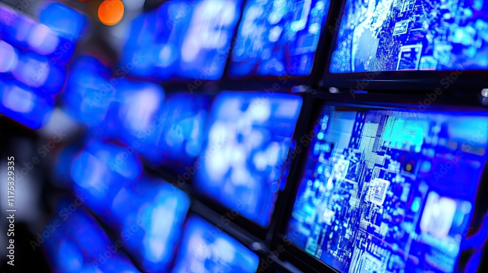 Poster blurred blue screens display data and code hinting at complex systems monitoring cybersecurity or fi