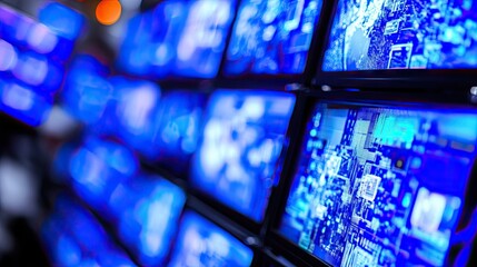 Blurred blue screens display data and code hinting at complex systems monitoring cybersecurity or financial markets. Ideal for technology backgrounds.