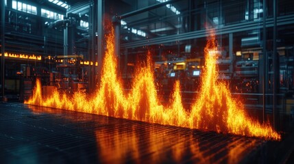 Obraz premium A line of digital flames flickers behind a transparent barrier on a factory floor. Ideal for visualizing industrial processes or security systems.