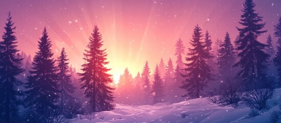 Naklejka premium Enchanting winter landscape with a snowy forest and glowing sunset sky filled with twinkling stars and a magical aurora display The peaceful serene scene evokes a sense of tranquility and wonder