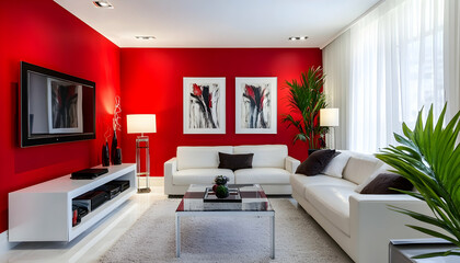 Bold interior design with a red accent wall in a modern living room, showcasing color psychology and room makeover ideas AI Generated