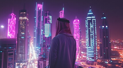 Night View of Dubai Skyline with a Man in Traditional Clothing
