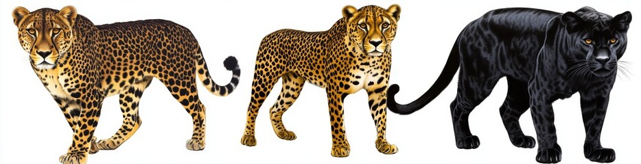 Fototapeta premium Group of 5 full-body portraits of Panthera wild cats such as Panther, cheetah, jaguar, lion, and tiger, isolated on a transparent background as PNG files