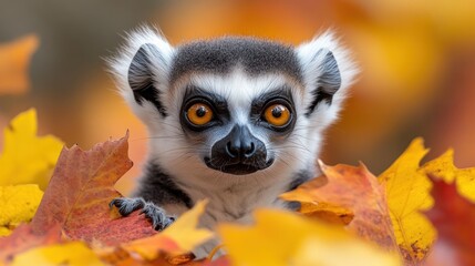 Fototapeta premium Ring-tailed lemur peeking from autumn leaves.