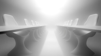 White futuristic meeting room with minimalist table and chairs. Ideal for showcasing modern office spaces innovative design or technology.