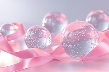 Glass Bubbles with Pink Ribbon: Elegant Abstract Still Life Photography