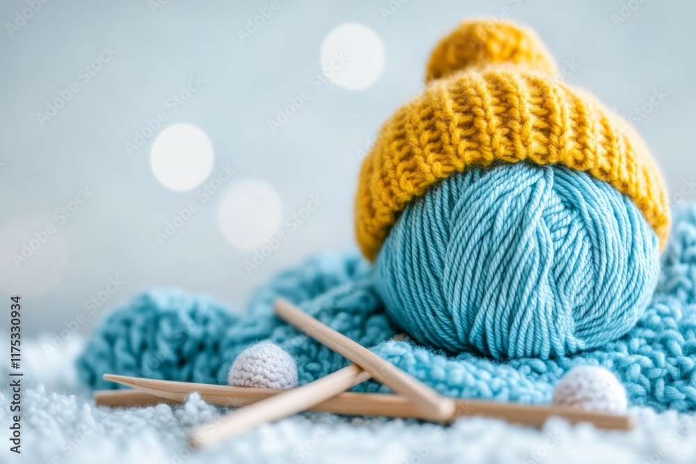 Poster a single ball of yarn with a pair of knitting needles on a white background, featuring simple colors