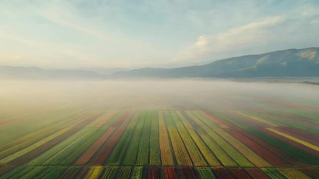 Aerial view of a vast agricultural field covered in morning mist, with patches of crops emerging from the fog, creating a patchwork of colors