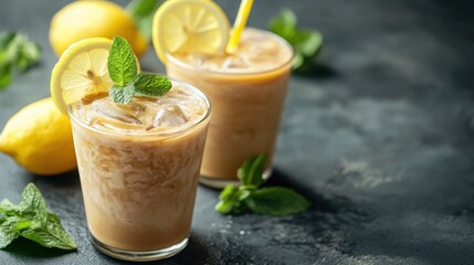 Fototapeta premium A stylish arrangement of iced coffee lemonade, served with a reusable straw and garnished with lemon slices, on a dark surface.