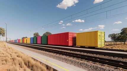 Fototapeta premium Cargo management ensures secure transportation. Colorful freight containers lined along a railway track under a blue sky.