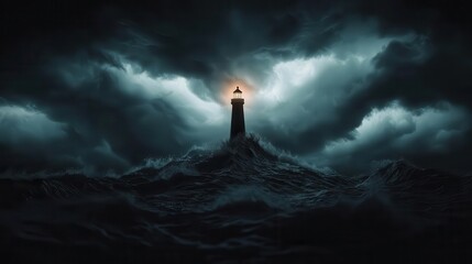 Obraz premium Lighthouse standing firm in a hurricane, perseverance symbolism, 3D illustration