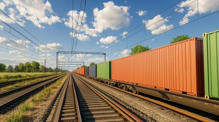 Fototapeta premium Cargo management ensures secure transportation. Train tracks with colorful shipping containers under a blue sky.