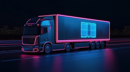 Cargo management ensures secure transportation. Futuristic neon-lit truck on a dark highway at night.