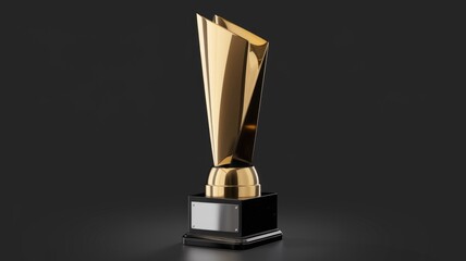 A sleek, gold trophy with a modern design, stands on a black base, ready for an award ceremony.