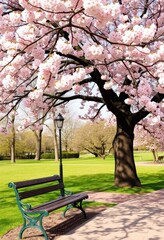 a park bench under a tree with pink flowers