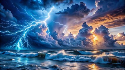 Surreal Lightning Ocean Storm: Dramatic Waves & Electric Sky