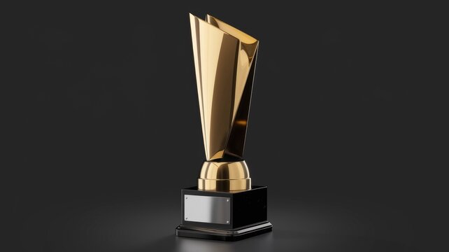 A sleek, gold trophy with a modern design, stands on a black base, ready for an award ceremony.