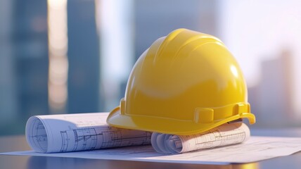 Yellow hard hat on construction plans