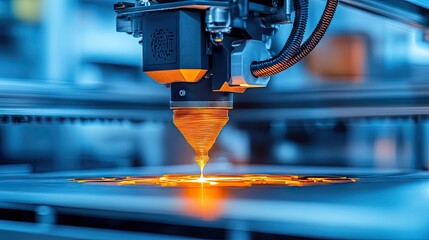 A 3D printer extrudes molten material onto a platform. This technology is used for rapid prototyping and manufacturing custom parts.
